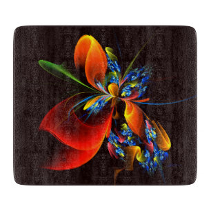 Blue Orange Floral Modernes Abstraktes Kunstmuster Schneidebrett