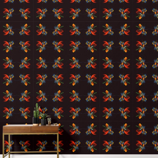 Blue Orange Floral Modernes Abstraktes Kunstmuster Tapete (Hausflur)