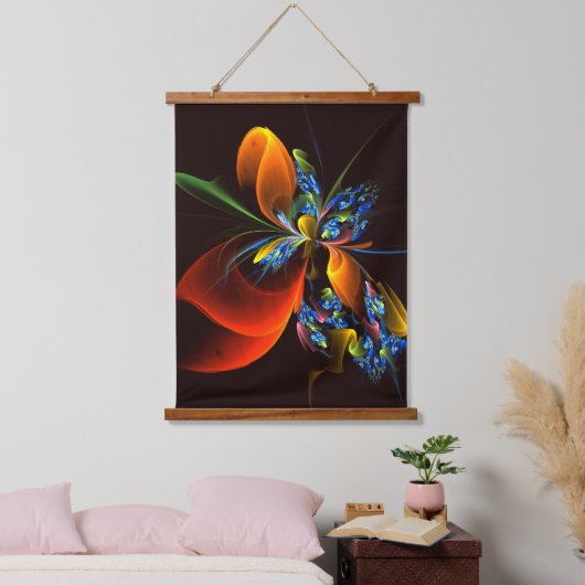 Blue Orange Floral Modernes Abstraktes Kunstmuster Wandteppich Mit Holzrahmen (Schlafzimmer)