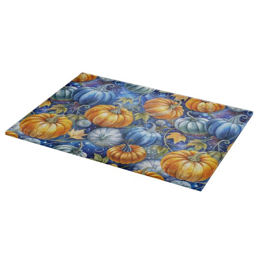 BLUE & ORANGE GLITZER SEHEN FALL PUMPKINS. SCHNEIDEBRETT (Ecke)