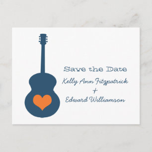 Blue/Orange Guitar Herz Save the Date Postcard Ankündigungspostkarte