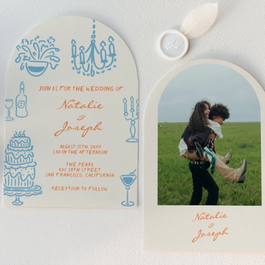 Blue Orange Hand Drawn Whimsical Arched Wedding Einladung