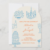 Blue Orange Hand Drawn Whimsical Arched Wedding Einladung (Vorderseite)