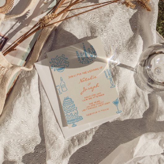 Blue Orange Hand Drawn Whimsical Fun Wedding Einladung