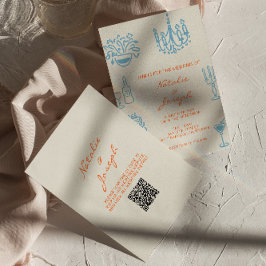 Blue Orange Hand Drawn Whimsical QR Code Wedding Einladung