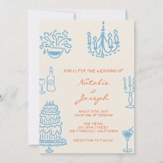 Blue Orange Hand Drawn Whimsical QR Code Wedding Einladung (Vorderseite)