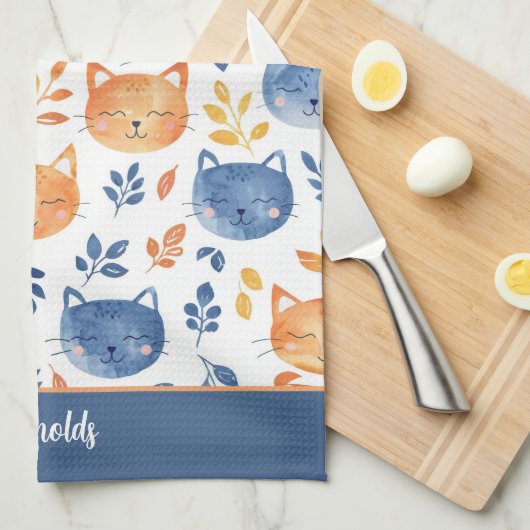 Blue Orange Happy Cat Faces Geschirrtuch (Viertel Falte)