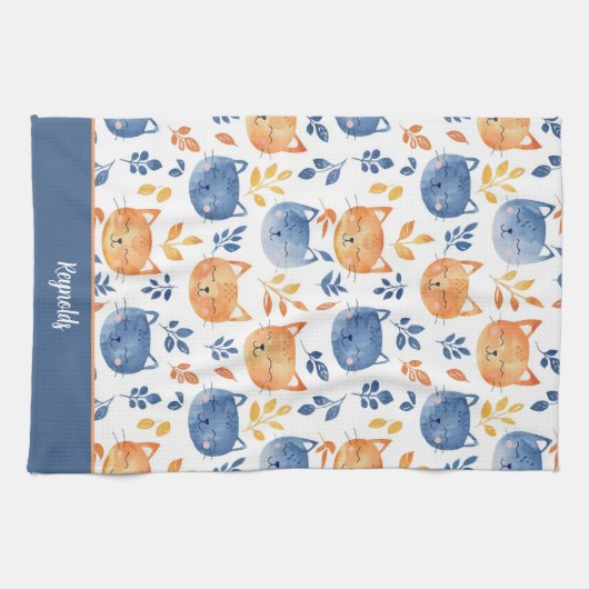 Blue Orange Happy Cat Faces Geschirrtuch (Horizontal)