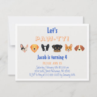 Blue Orange Let's Pawty Puppy Boy Birthday Party  Einladung