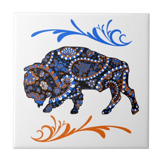 Blue Orange Mosaic Bison Art Fliese (Vorderseite)