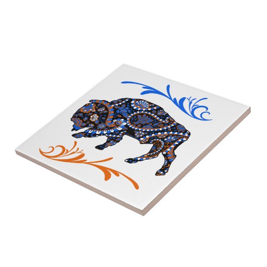 Blue Orange Mosaic Bison Art Fliese (Seite)