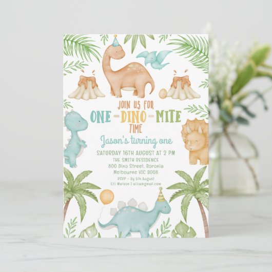 Blue Orange One Dino Mite Dinosaurier 1. Geburtsta Einladung (Stehend Vorderseite)