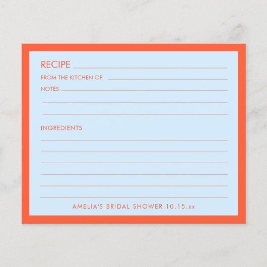 Blue Orange Personalized Bridal Shower Recipe Card (Vorderseite)