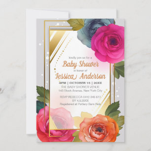 Blue Orange Pink Floral Baby Dusche Gold Rahmen Einladung