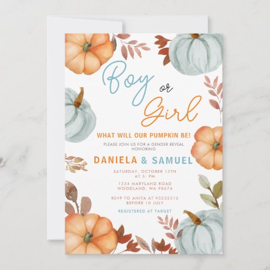 Blue Orange Pumpkin Gender Reveal Einladung (Vorderseite)