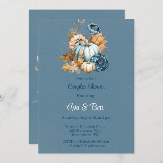 Blue Orange Pumpkin Peony Couples Dusche Einladung (Vorne/Hinten)