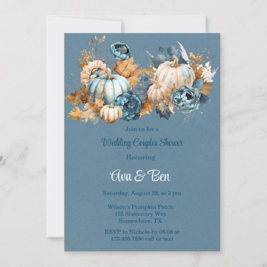 Blue Orange Pumpkin Peony Wedding Couples Dusche Einladung (Vorderseite)