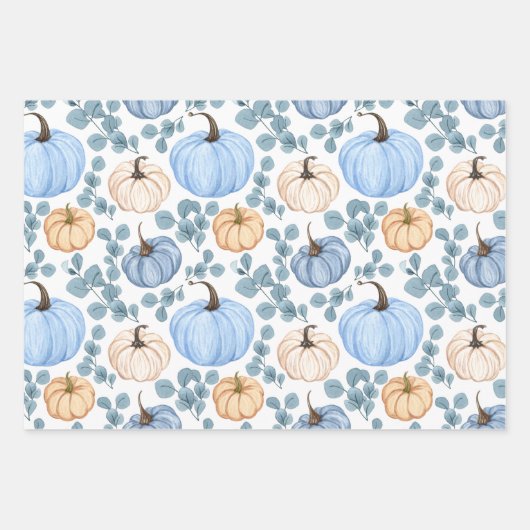Blue & Orange Pumpkins und Eukalyptus-Blätter Geschenkpapier Set (Vorderseite 2)