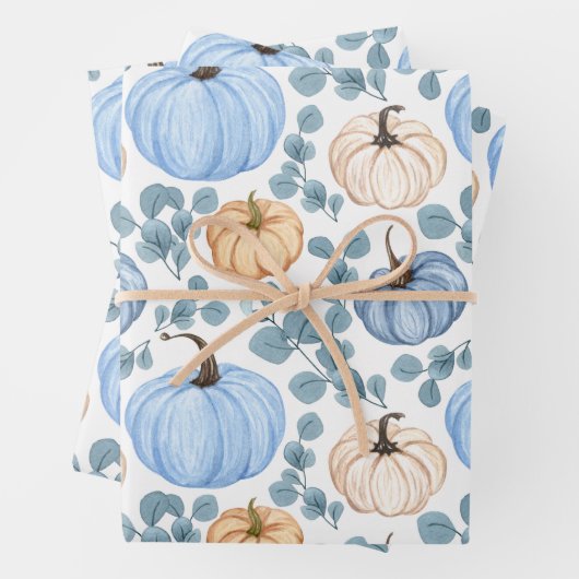 Blue & Orange Pumpkins und Eukalyptus-Blätter Geschenkpapier Set (Beispiel)