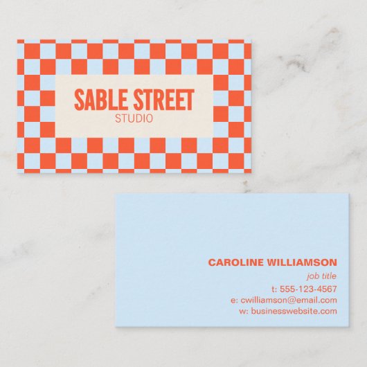 Blue Orange Retro Checkerboard Bold Creative Brand Visitenkarte (Vorne/Hinten)