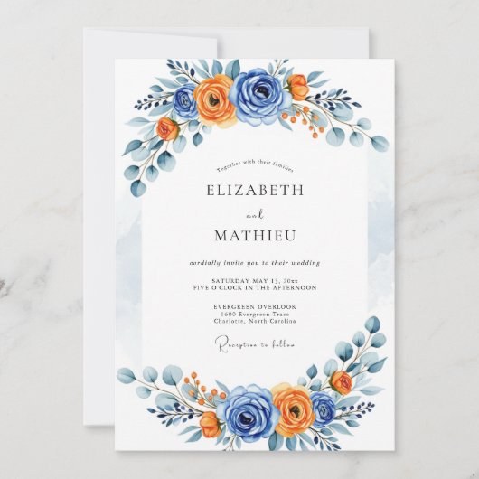 Blue Orange Romantic Bloom Wedding Einladung (Vorderseite)