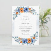 Blue Orange Romantic Bloom Wedding Einladung (Stehend Vorderseite)