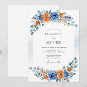 Blue Orange Romantic Bloom Wedding Einladung (Vorne/Hinten)