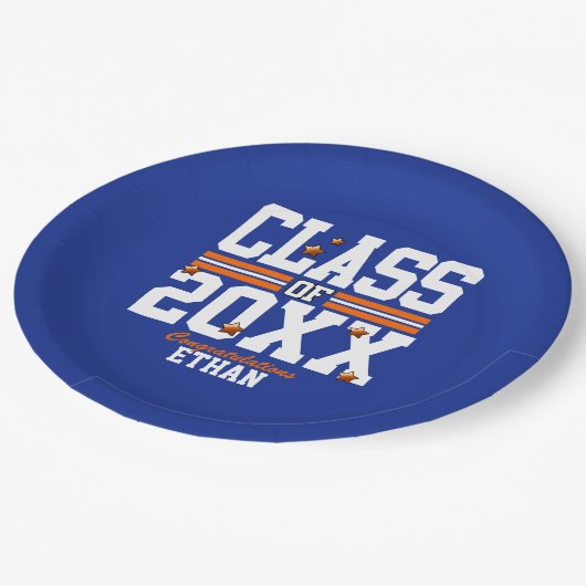 Blue|Orange Schließ Class Year Pappteller (Schrägansicht)