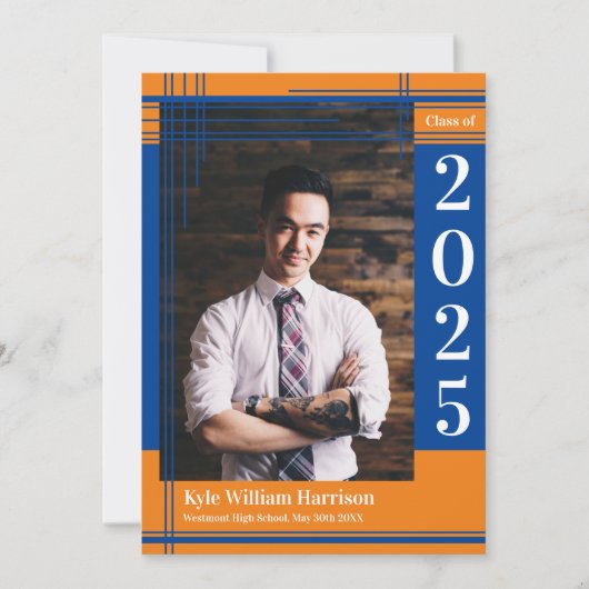 Blue Orange School Color Graduation Photo Plaid Einladung (Vorderseite)