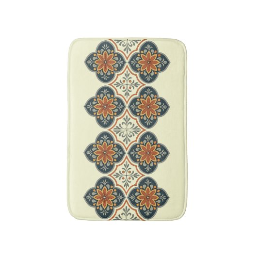 Blue Orange Spanish Tile Flower Pattern  Badematte (Vorderseite Vertikal)