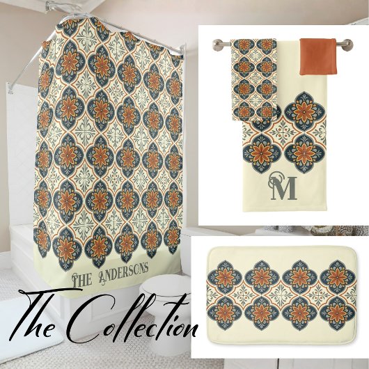 Blue Orange Spanish Tile Flower Pattern  Badematte