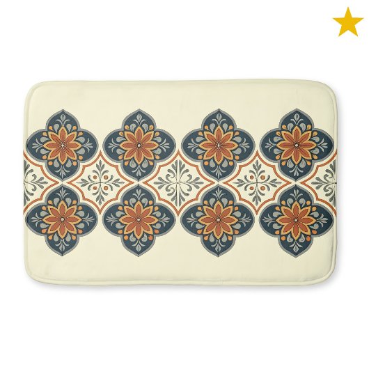 Blue Orange Spanish Tile Flower Pattern  Badematte