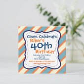 Blue Orange Striped 40. Geburtstag Party Einladung (Stehend Vorderseite)