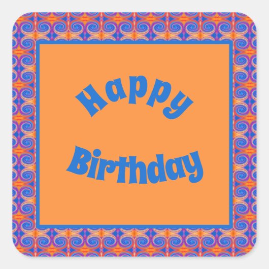 Blue Orange Swirl Muster Happy Birthday Quadratischer Aufkleber (Vorderseite)