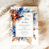Blue Orange Terracotta Floral Boho Elegant Wedding Einladung