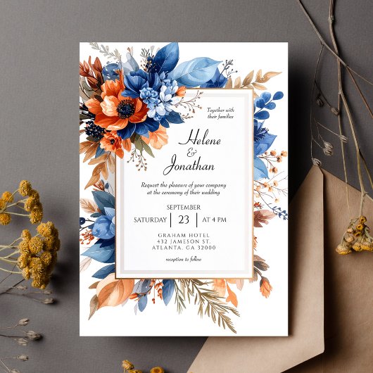 Blue Orange Terracotta Floral Boho Elegant Wedding Einladung