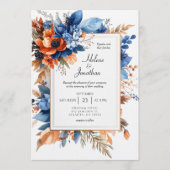 Blue Orange Terracotta Floral Boho Elegant Wedding Einladung (Vorderseite)
