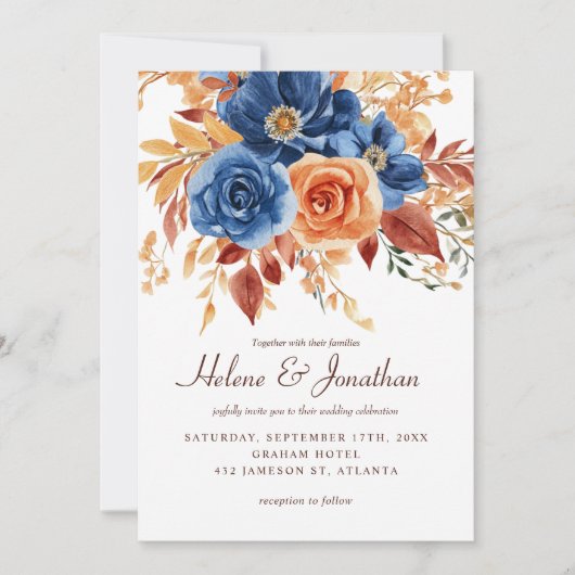 Blue Orange Terracotta Hochzeitsfeiern Einladung (Vorderseite)