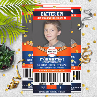 Blue|Orange Ticket Style Baseball Geburtstagsparty Einladung