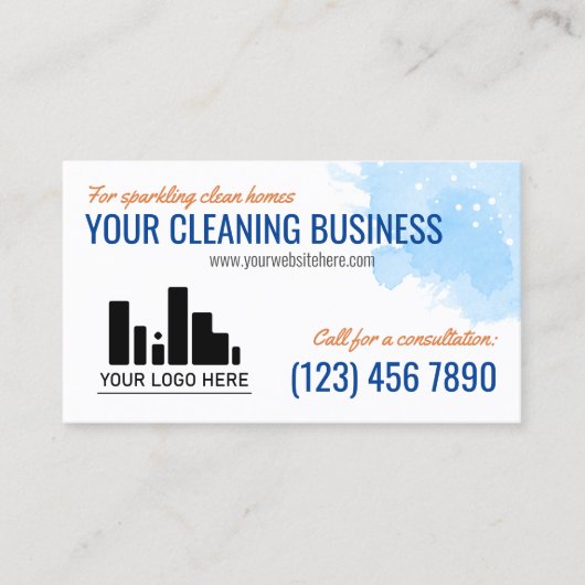 Blue Orange Wasserfarbe Ihr Logo-Reinigungsservice Visitenkarte (Vorderseite)