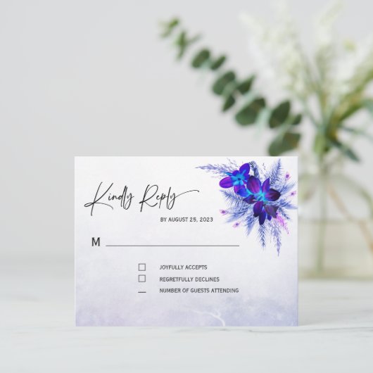 Blue Orchid Wedding RSVP Postkarte (Stehend Vorderseite)