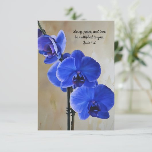 Blue Orchids Faith Bible Verse Art Note Card Dankeskarte (Stehend Vorderseite)