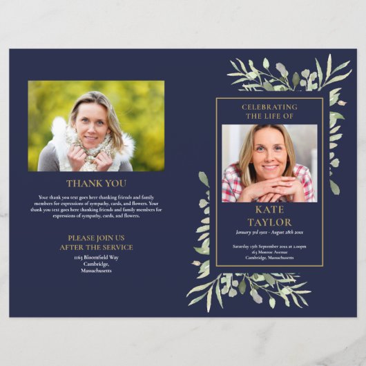 Blue Order of Service Foliage Funeral Program (Vorderseite)