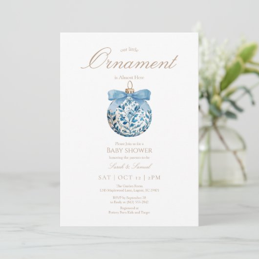 Blue Ornament Baby Dusche Einladung (Stehend Vorderseite)
