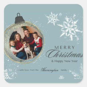 Blue Ornament Familienweihnachtliches Foto Snowfla Quadratischer Aufkleber
