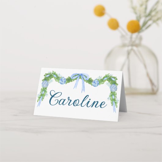 Blue Ornament Garland Weihnachten Platzkarte (Vorderseite)