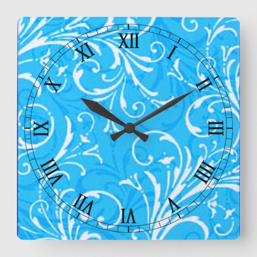 Blue Ornamental Square Roman Numerals Clock Quadratische Wanduhr (Vorderseite)