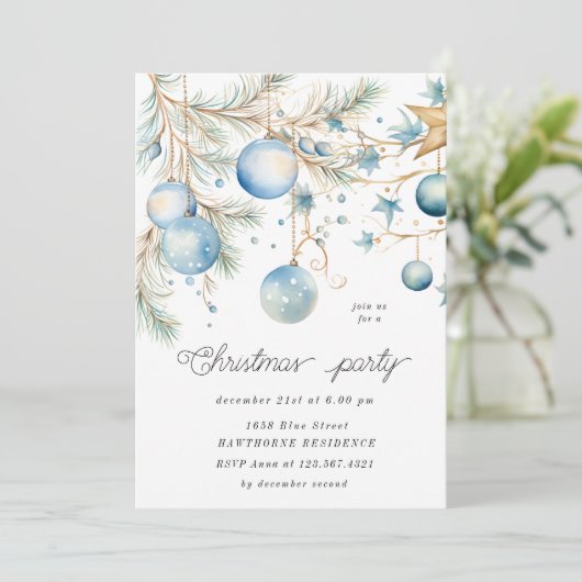 Blue Ornaments Weihnachts-Party Einladung (Stehend Vorderseite)