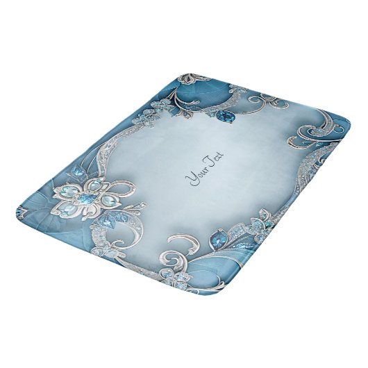 Blue Ornate Floral Bath Mat Badematte (Schrägansicht)