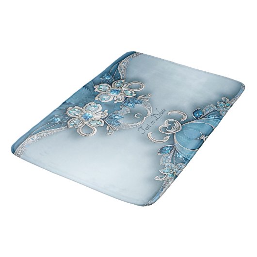 Blue Ornate Floral Bath Mat Badematte (Schrägansicht)